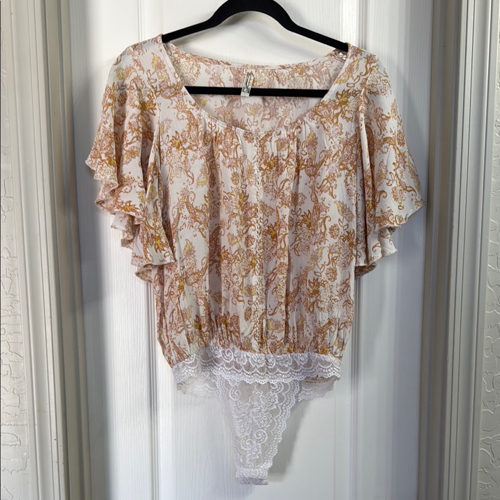 Free People Tan Flutter Sleeve Bodysuit with Ruffled Asymmetrical Design